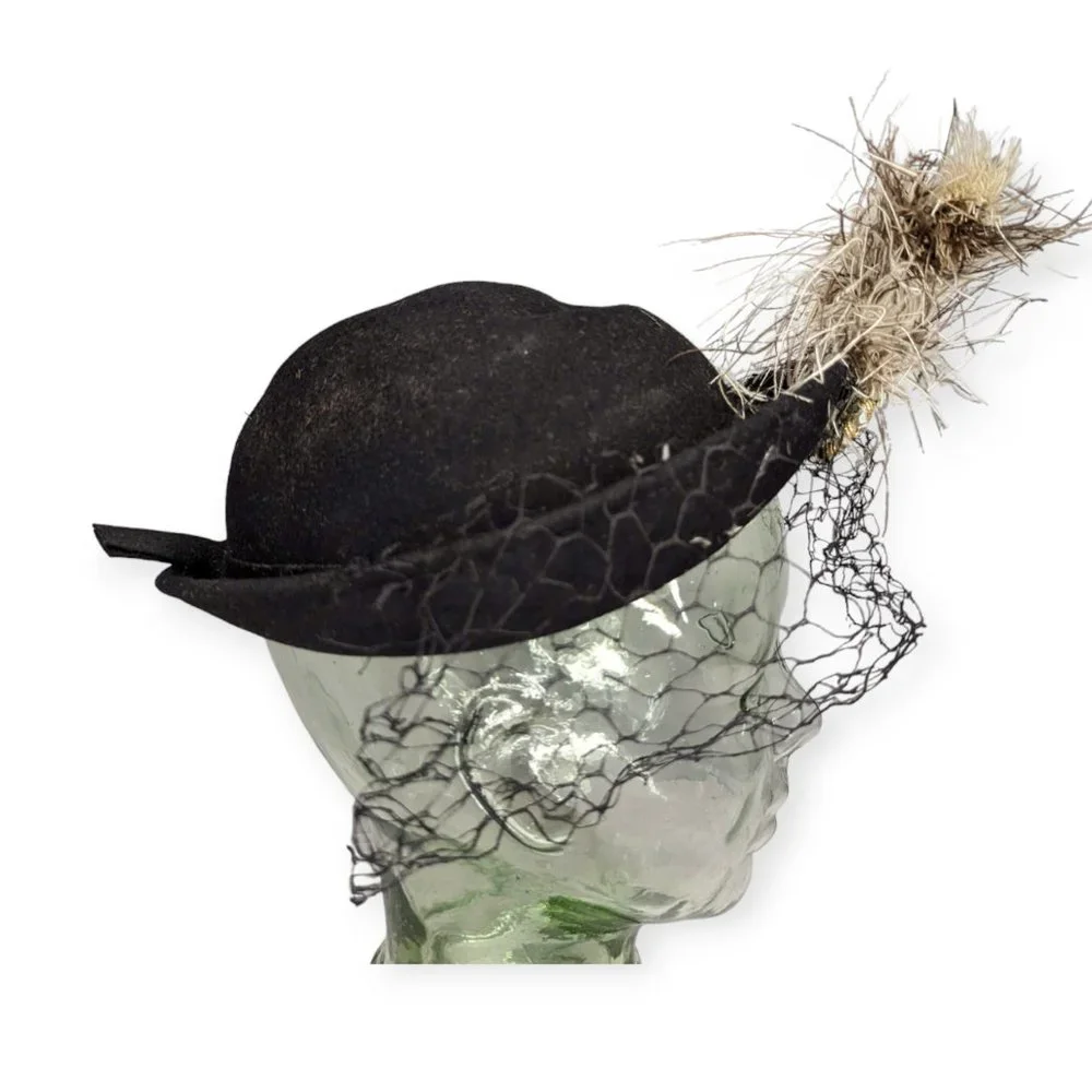 Vintage Merrimac 100% Black Wool Hat with Feathers and Jeweled Accent - Picture 3 of 10